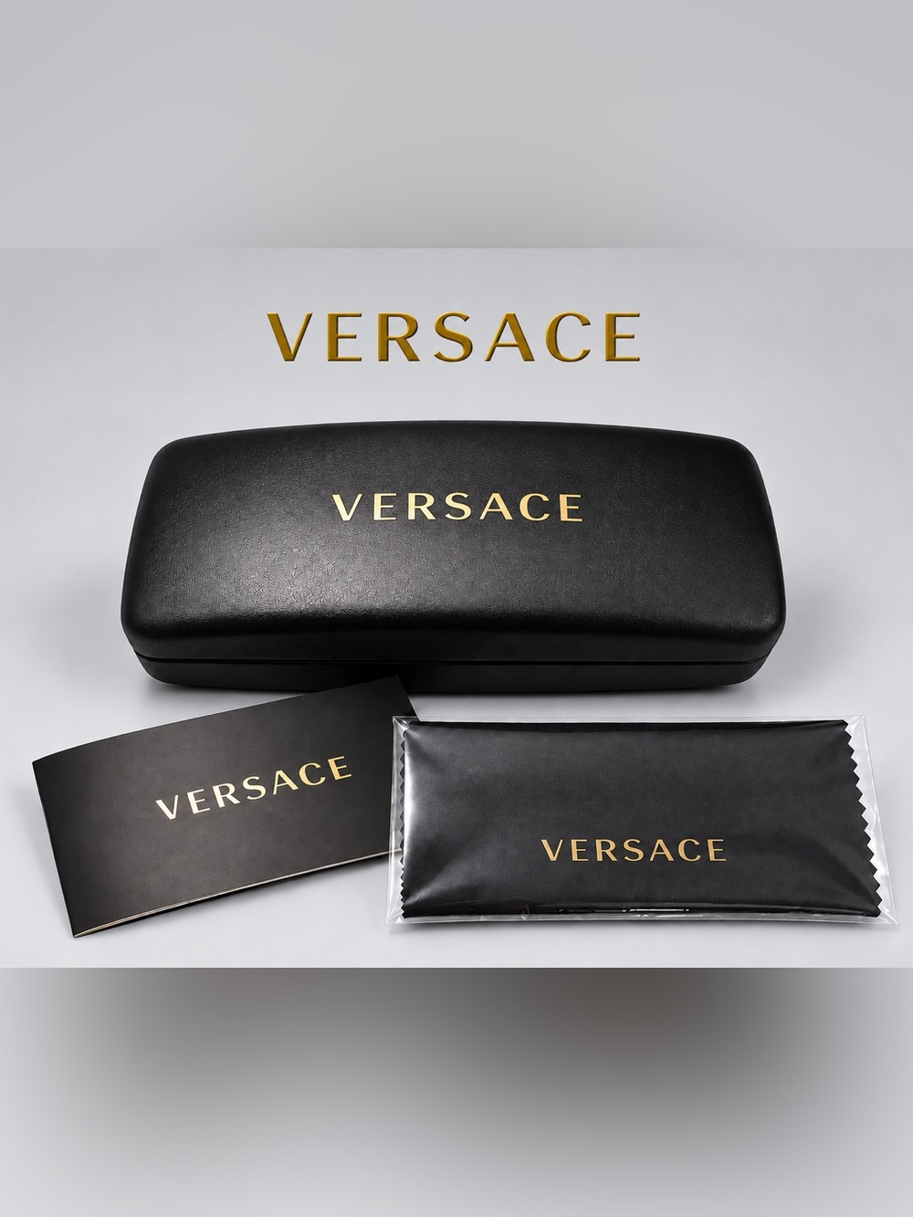 VERSACE Sunglass Case & Accessories Set – Black & Gold – Luxury Designer Eyewear